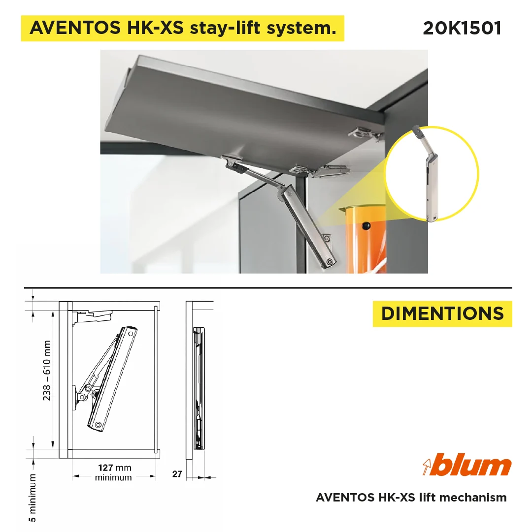Aventos HK-XS Small Stay Lift, Lift Mechanism, PF=800-1800 (One-Sided Lift Mechanism), Nickel-Plated - Image 3