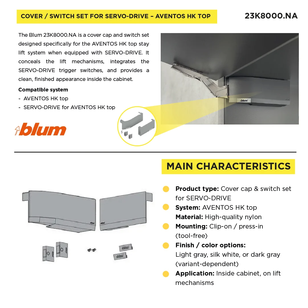 Aventos HK Top Stay Lift, Lift Mechanism Cover Cap, Plain, Right+Left, For SERVO-DRIVE, Light Gray/Stainless Steel Brushed - Image 3