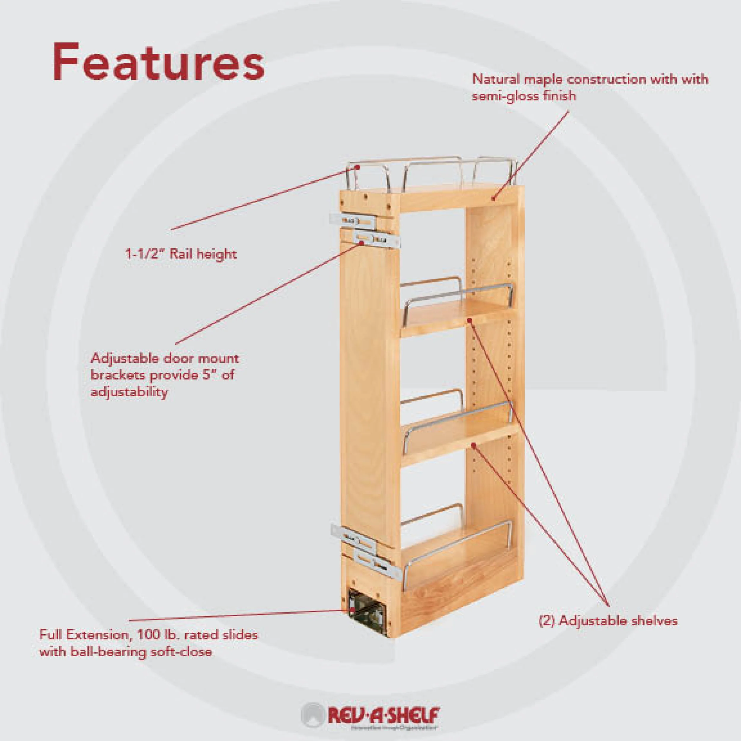 5 in Wood Pull Out Wall Organizer w/Soft Close Natural  5 in (127 mm) W x 10.75 in (273 mm) D x 26.15 in (664 mm) H - Image 8