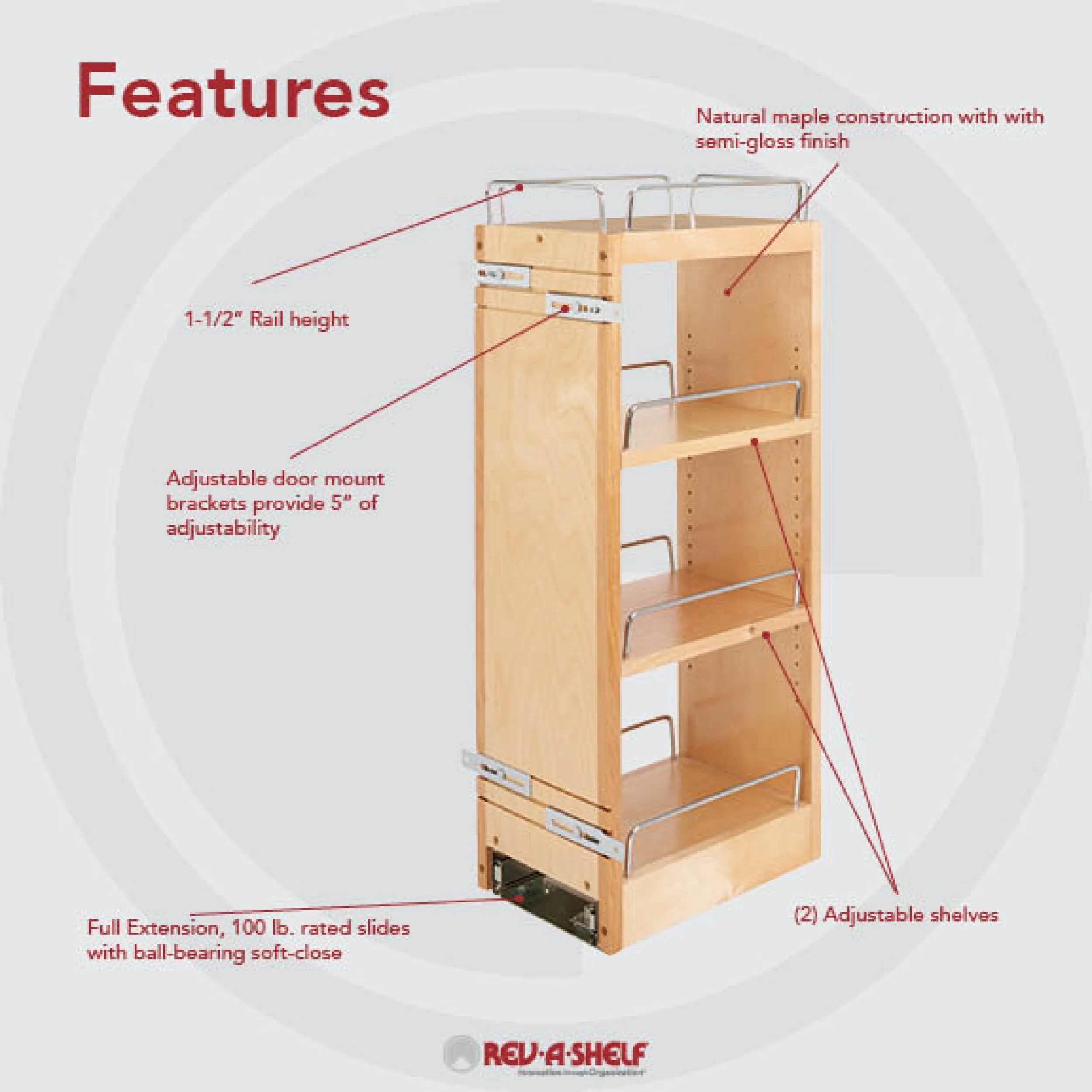 8 in Wood Pull Out Wall Organizer w/Soft Close Natural  8 in (203 mm) W x 10.75 in (273 mm) D x 26.15 in (664 mm) H - Image 2