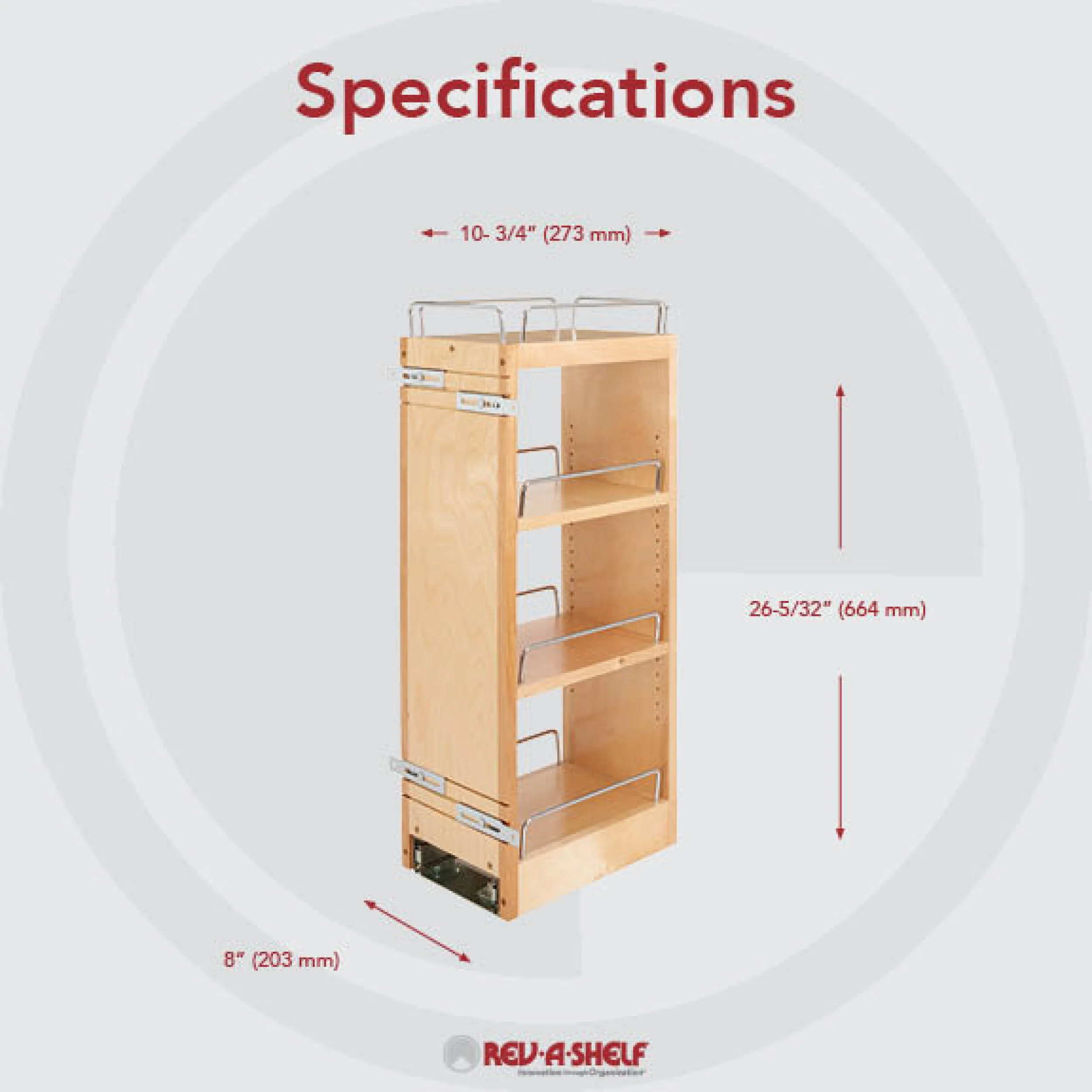 8 in Wood Pull Out Wall Organizer w/Soft Close Natural  8 in (203 mm) W x 10.75 in (273 mm) D x 26.15 in (664 mm) H - Image 3