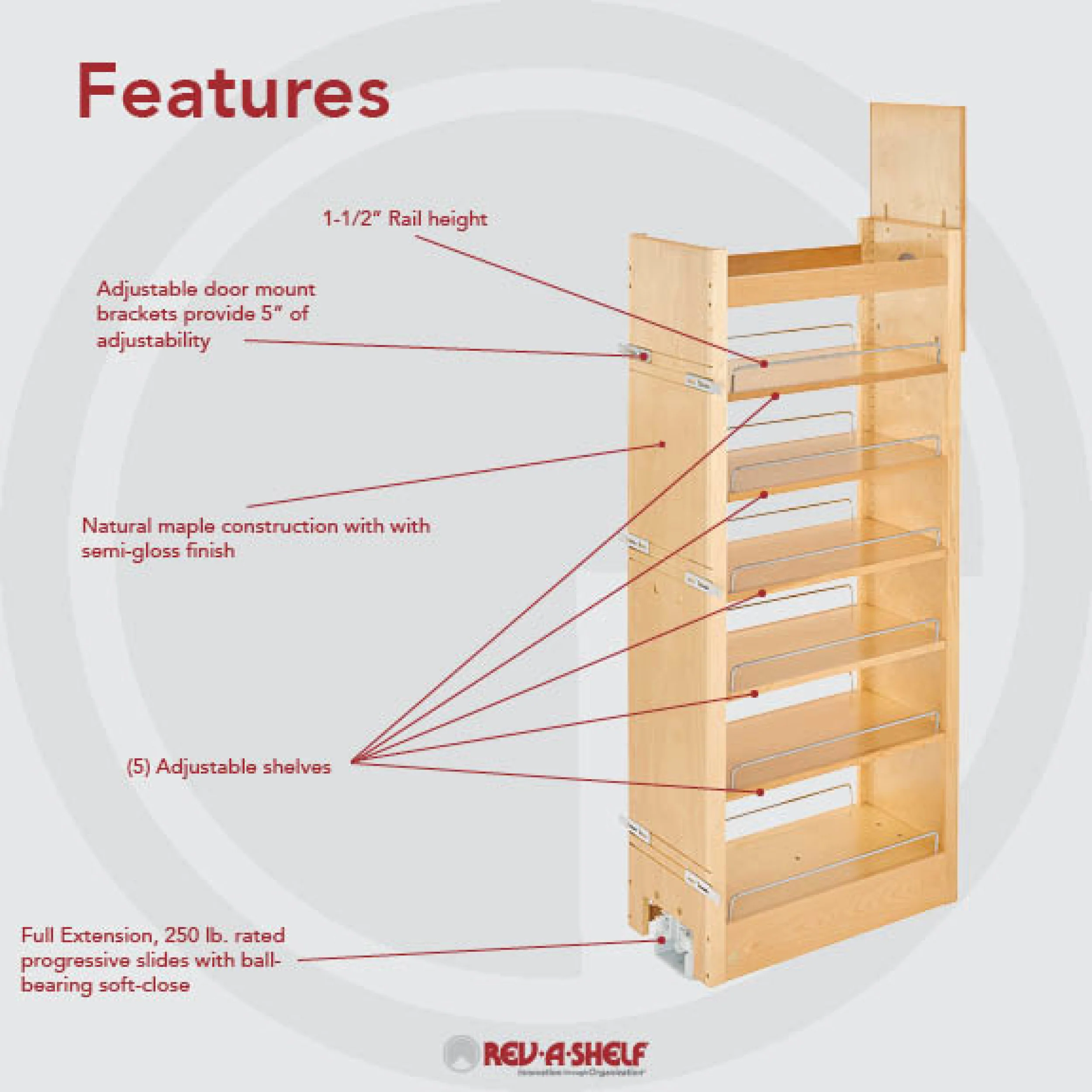 11 in W x 51 in H Wood Pantry Pullout Soft Close Natural  11 in (279 mm) W x 22 in (559 mm) D x 50.75 in (1289 mm) H - Image 8
