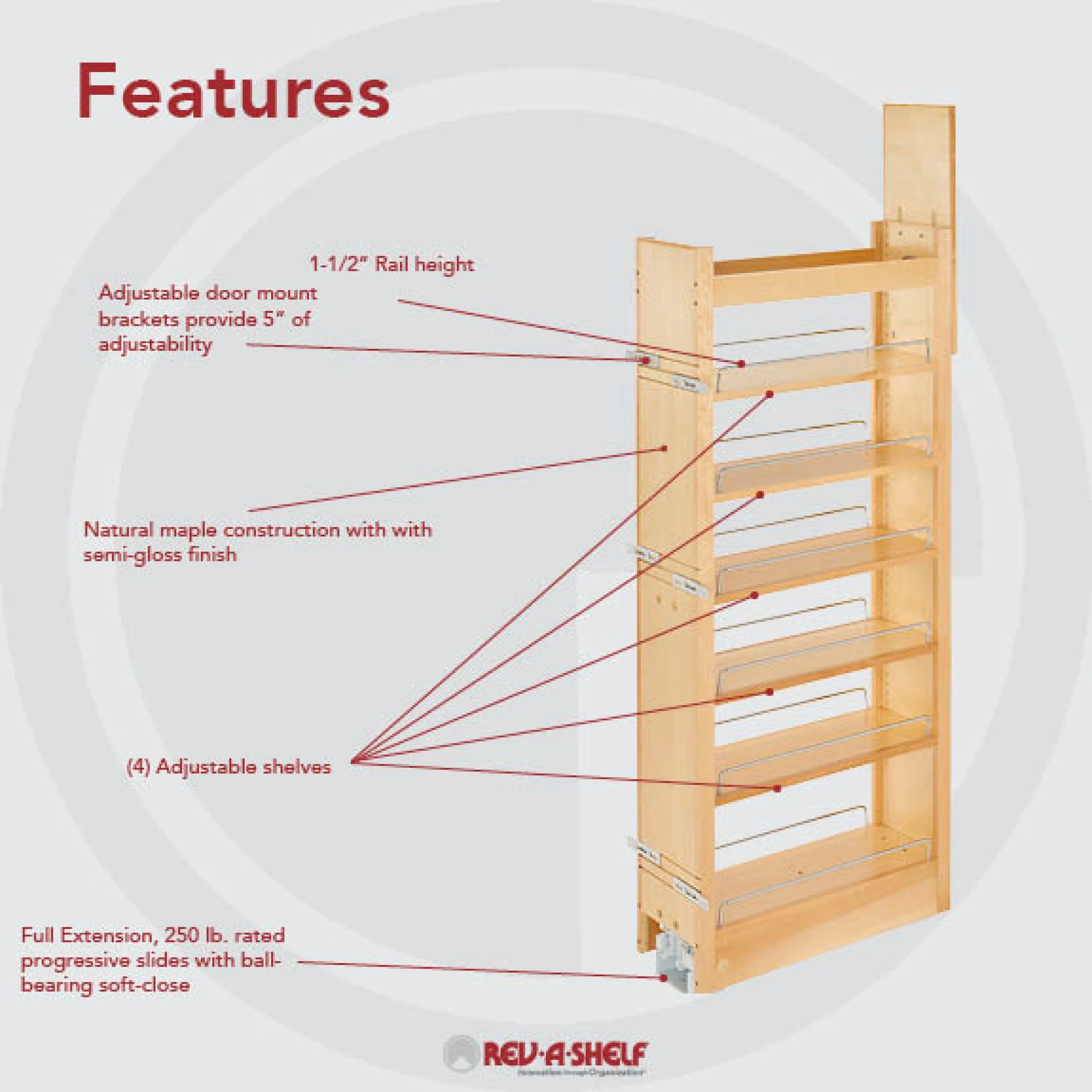 8 in W x 51 in H Wood Pantry Pullout Soft Close Natural 8 in (203 mm) W x 22 in (559 mm) D x 50.75 in (1289 mm) H - Image 5