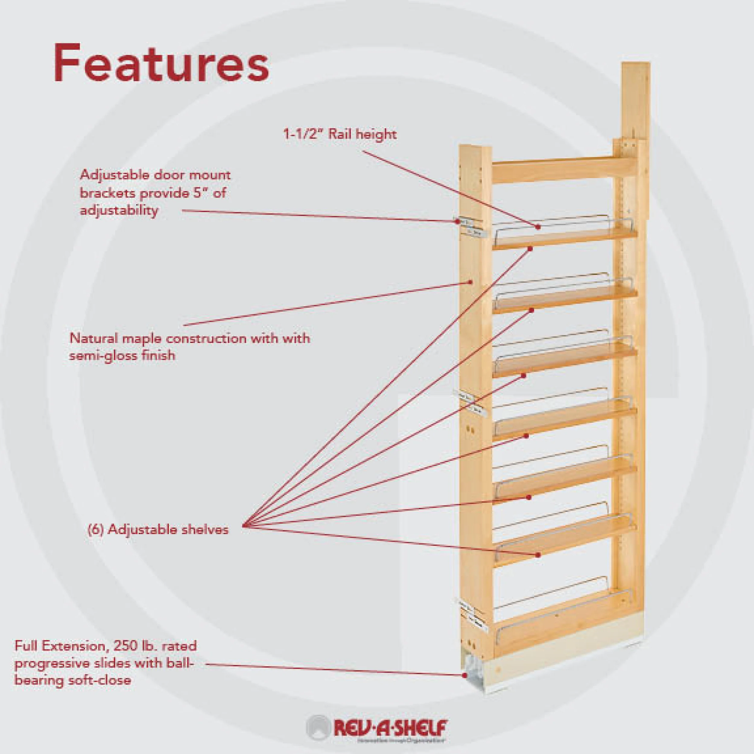 5 in W x 58 in H Wood Pantry Pullout Soft Close Natural  5 in (127 mm) W x 22 in (559 mm) D x 58.25 in (1480 mm) H - Image 2