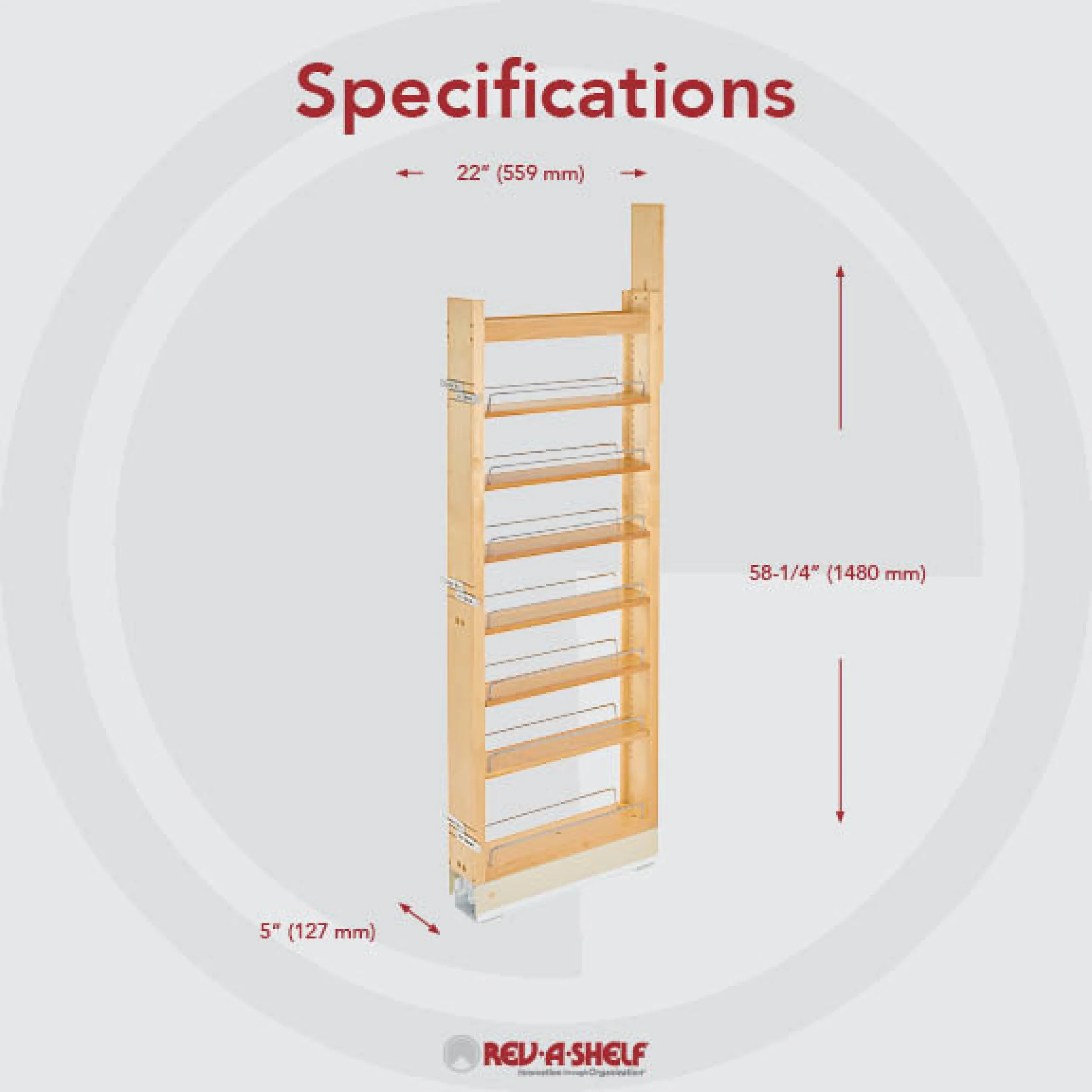 5 in W x 58 in H Wood Pantry Pullout Soft Close Natural  5 in (127 mm) W x 22 in (559 mm) D x 58.25 in (1480 mm) H - Image 4