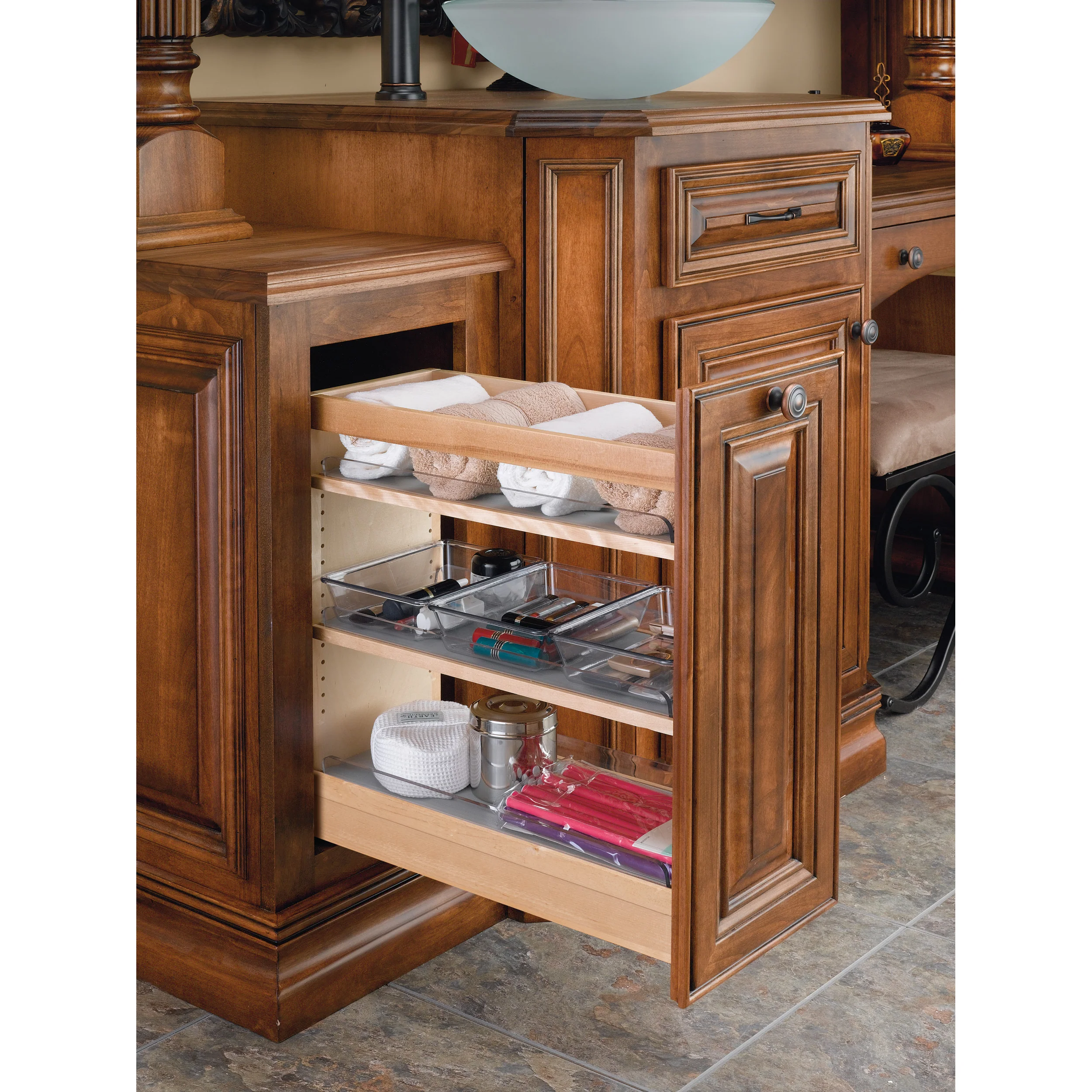 8 in W X 20 in H Wood Vanity Base Organizer w/Soft-Close Natural 8.44 in (214 mm) W x 19.56 in (497 mm) D x 20.38 in (518 mm) H - Image 3