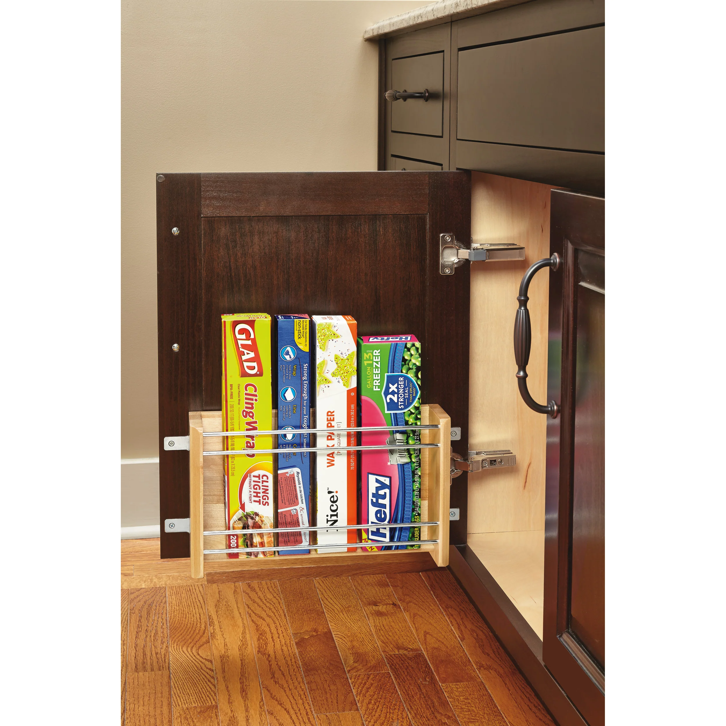 18 in Medium Door mount Foil Rack Natural  13.13 in (334 mm) W x 4 in (102 mm) D x 8 in (203 mm) H