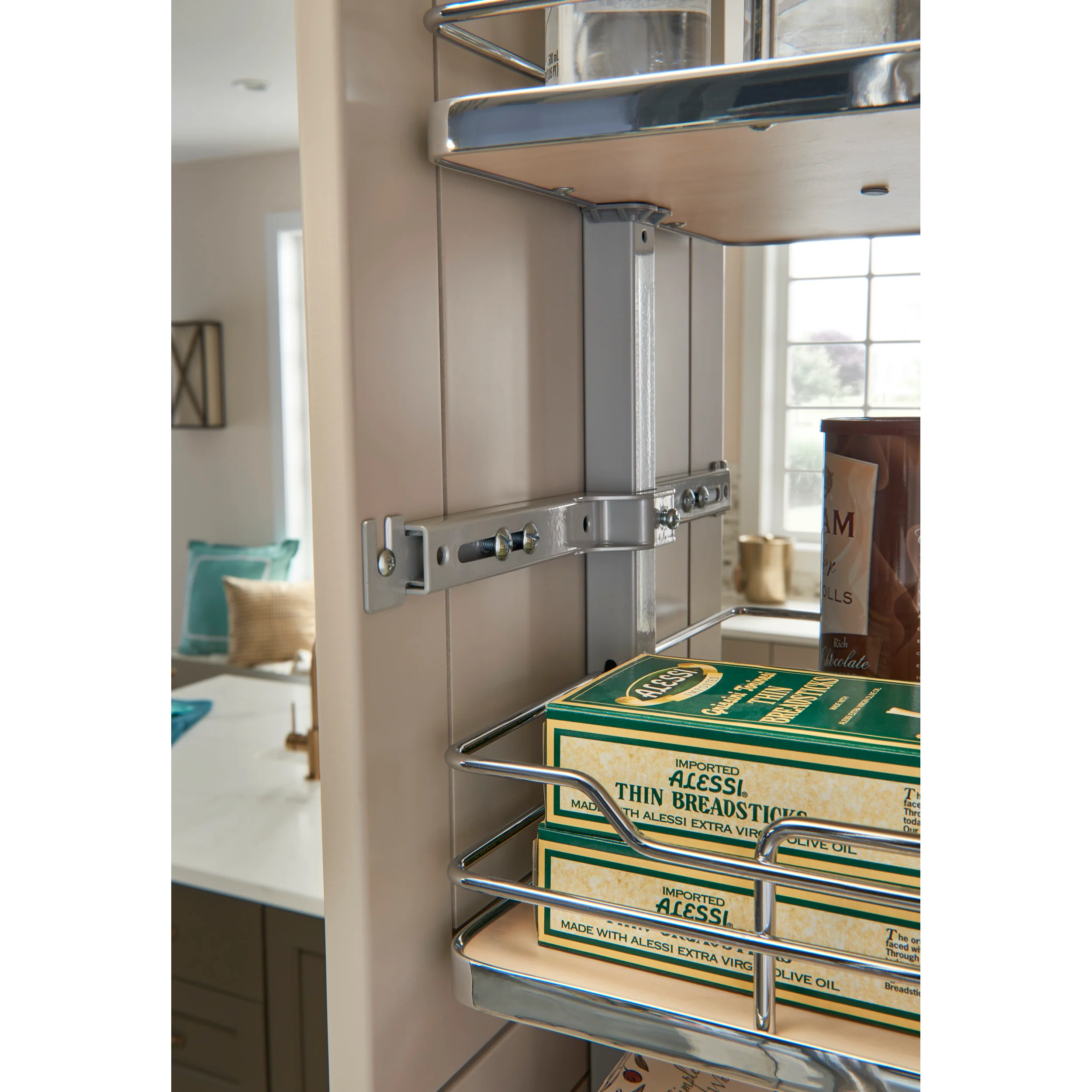 16 in Chrome Solid Bottom Pantry Pullout Soft Close Natural  16.25 in (413 mm) W x 21.69 in (551 mm) D x 73.63 in (1870 mm) H