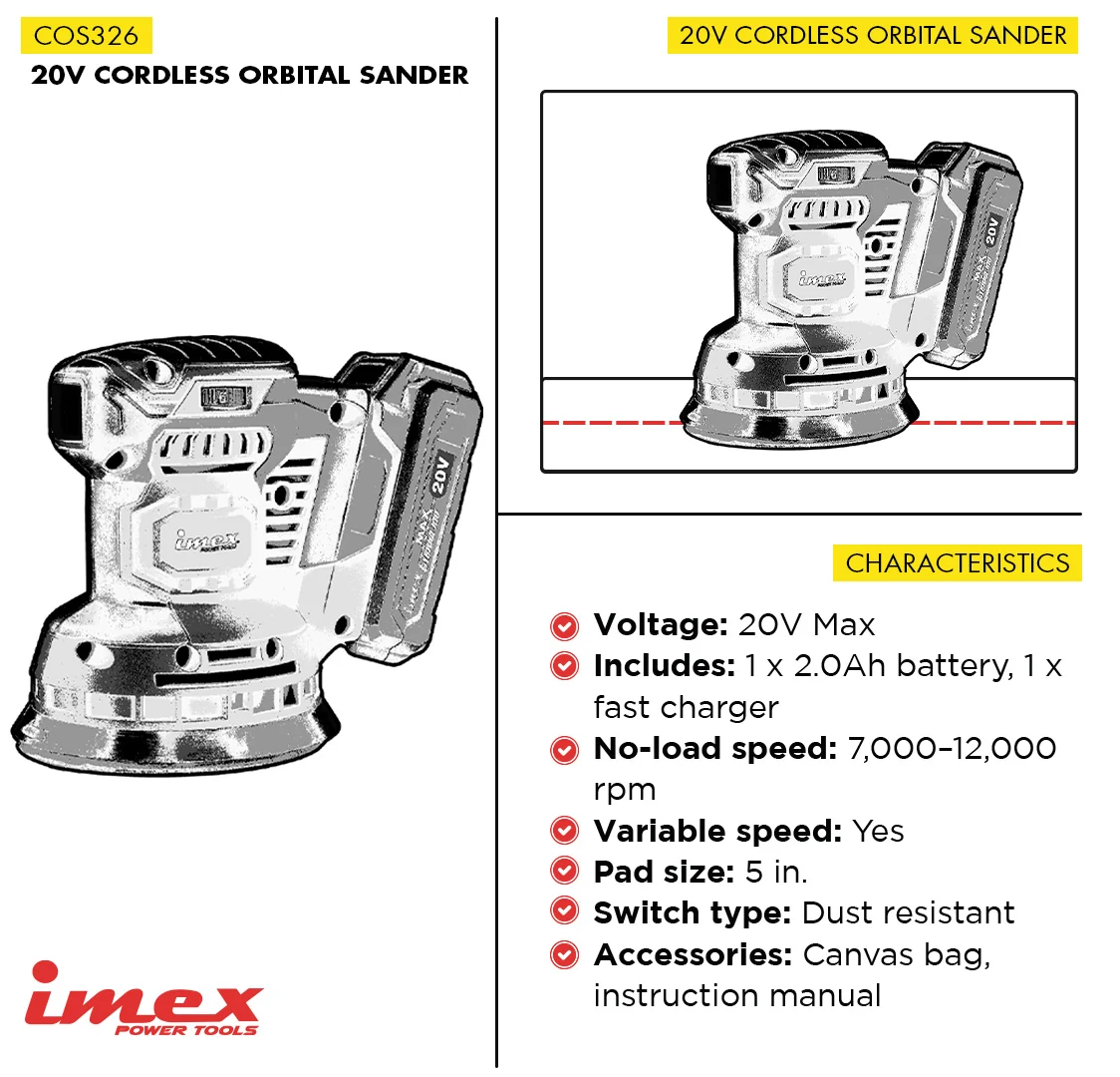 20V Cordless Orbital Sander with Battery and Charger - IMEX Power Tools - Image 3