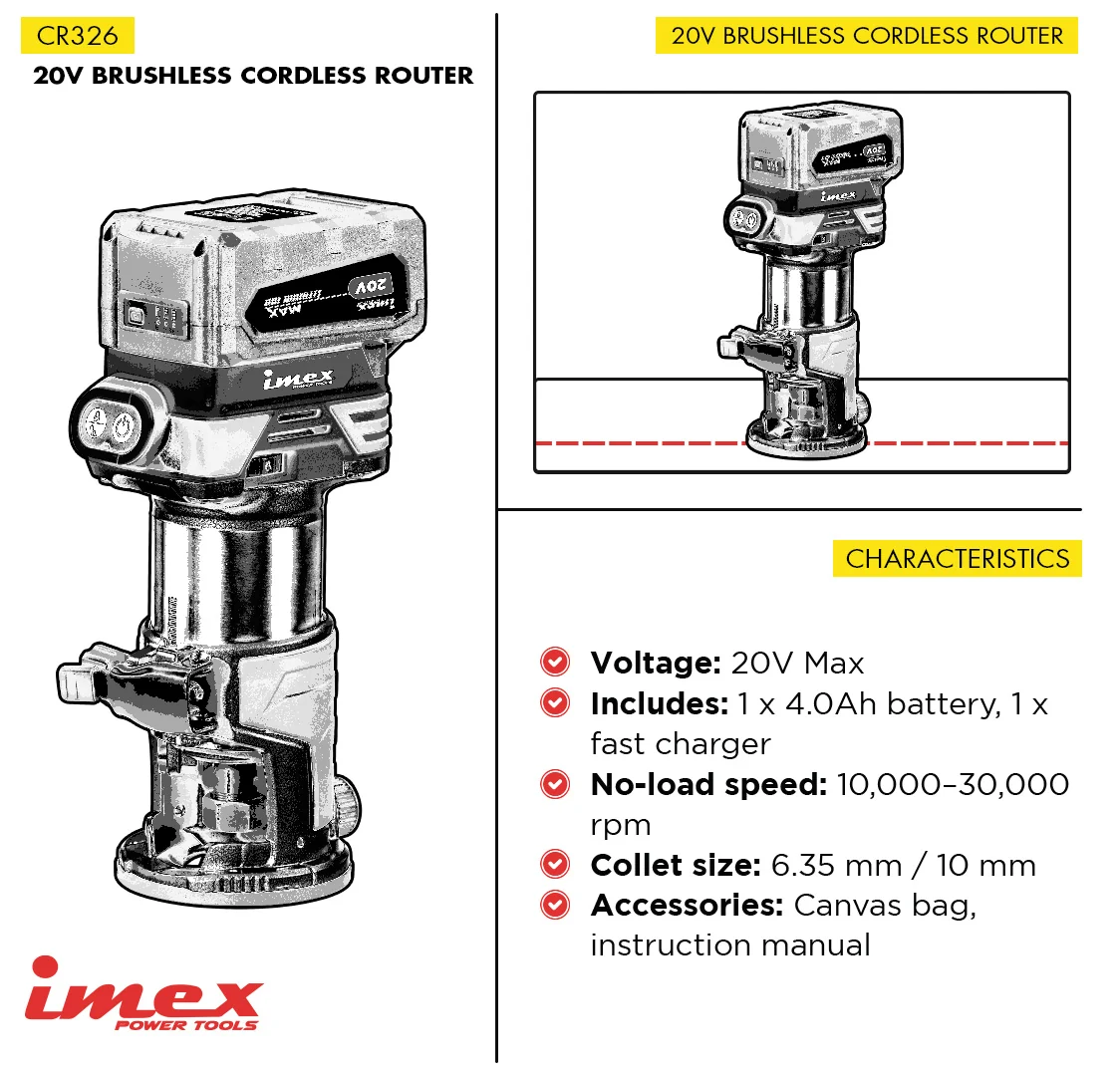20V Brushless Cordless Router with Battery and Charger - IMEX Power Tools - Image 2