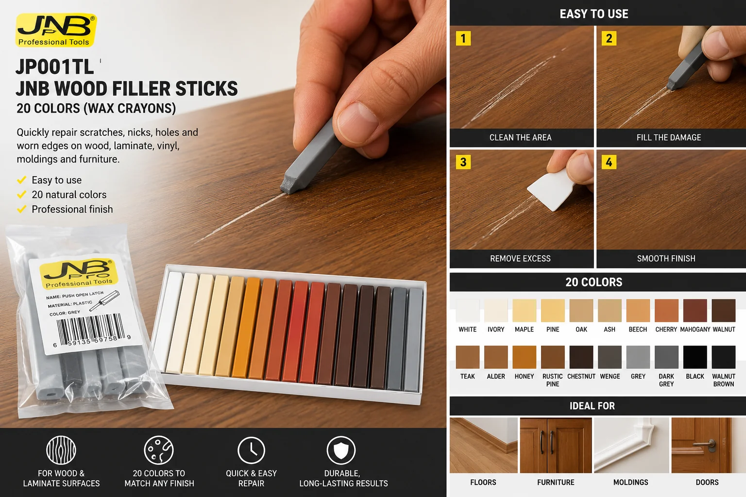 JNB Wood Filler Sticks - 20 Colors (Wax Crayons) - Image 2