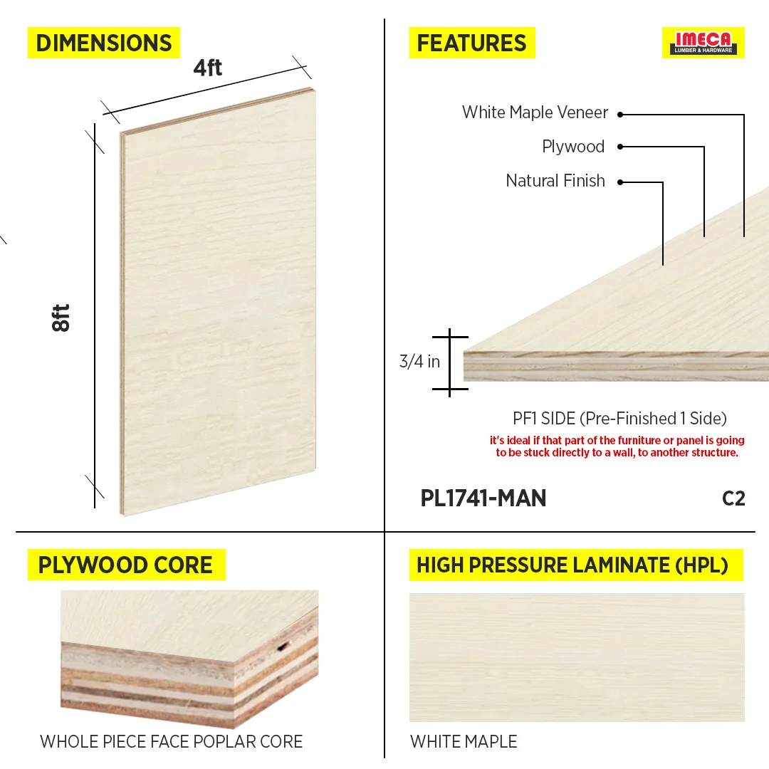 PLYWOOD WHITE MAPLE 4X8 3/4 C2 PF1 SIDE WPF POPLAR CORE - Image 2