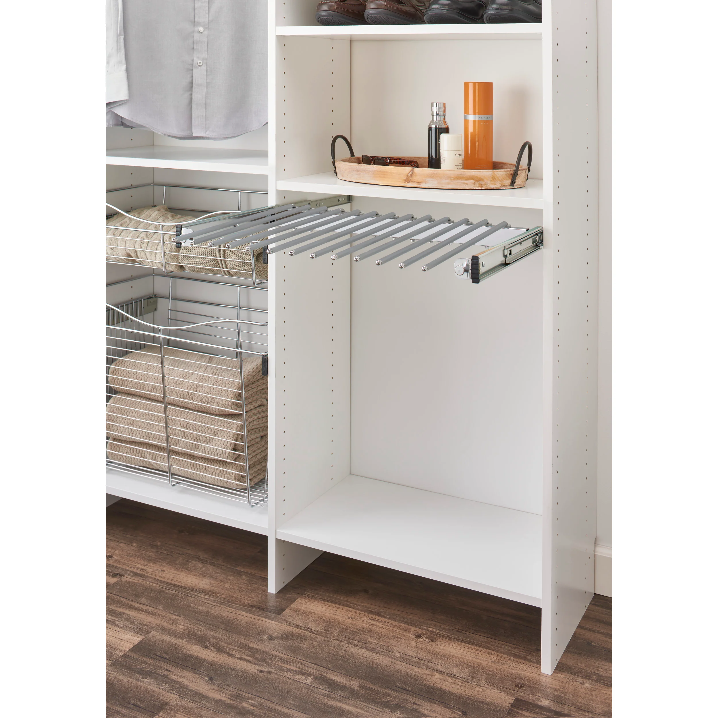 24 in Chrome Pullout Pants Rack w/13 pants rods Chrome  23.75 in (603 mm) W x 14 in (356 mm) D x 3 in (76 mm) H