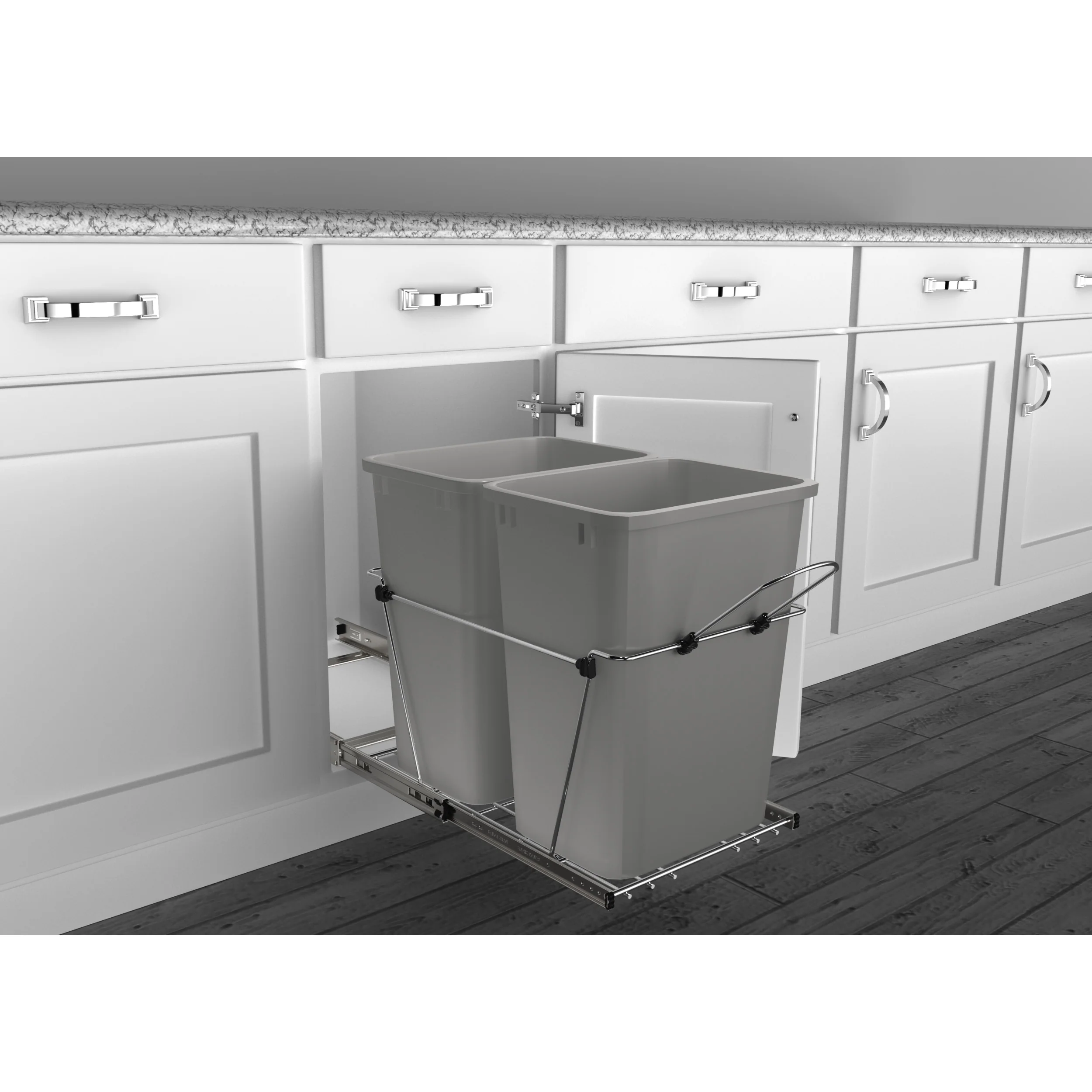 Double 35 Qrt Pull-Out Waste Containers Metallic Silver  14.38 in (365 mm) W x 22 in (559 mm) D x 19.25 in (489 mm) H - Image 4