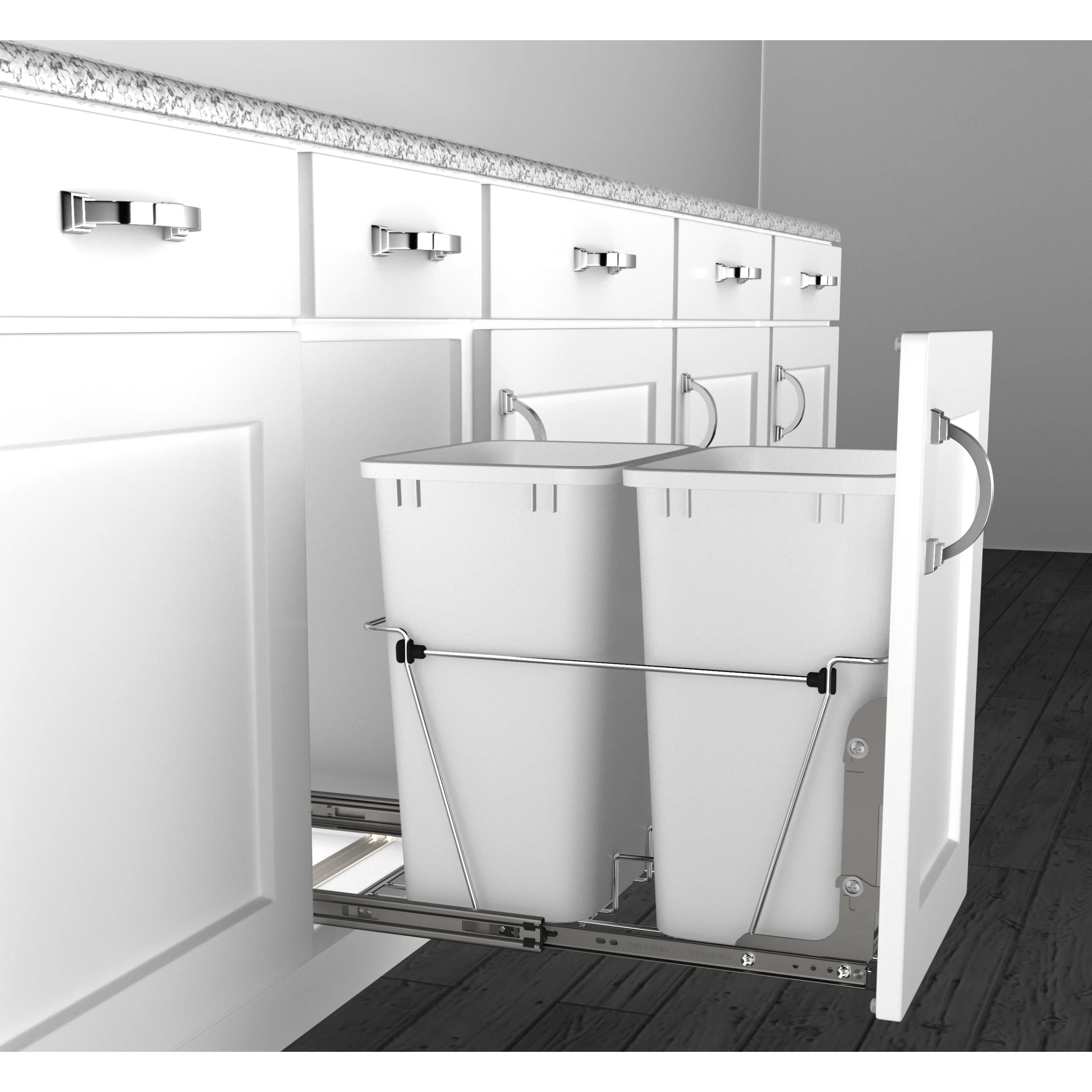 Double 35 Qrt Pull-Out Waste Containers Metallic Silver  14.38 in (365 mm) W x 22 in (559 mm) D x 19.25 in (489 mm) H - Image 7