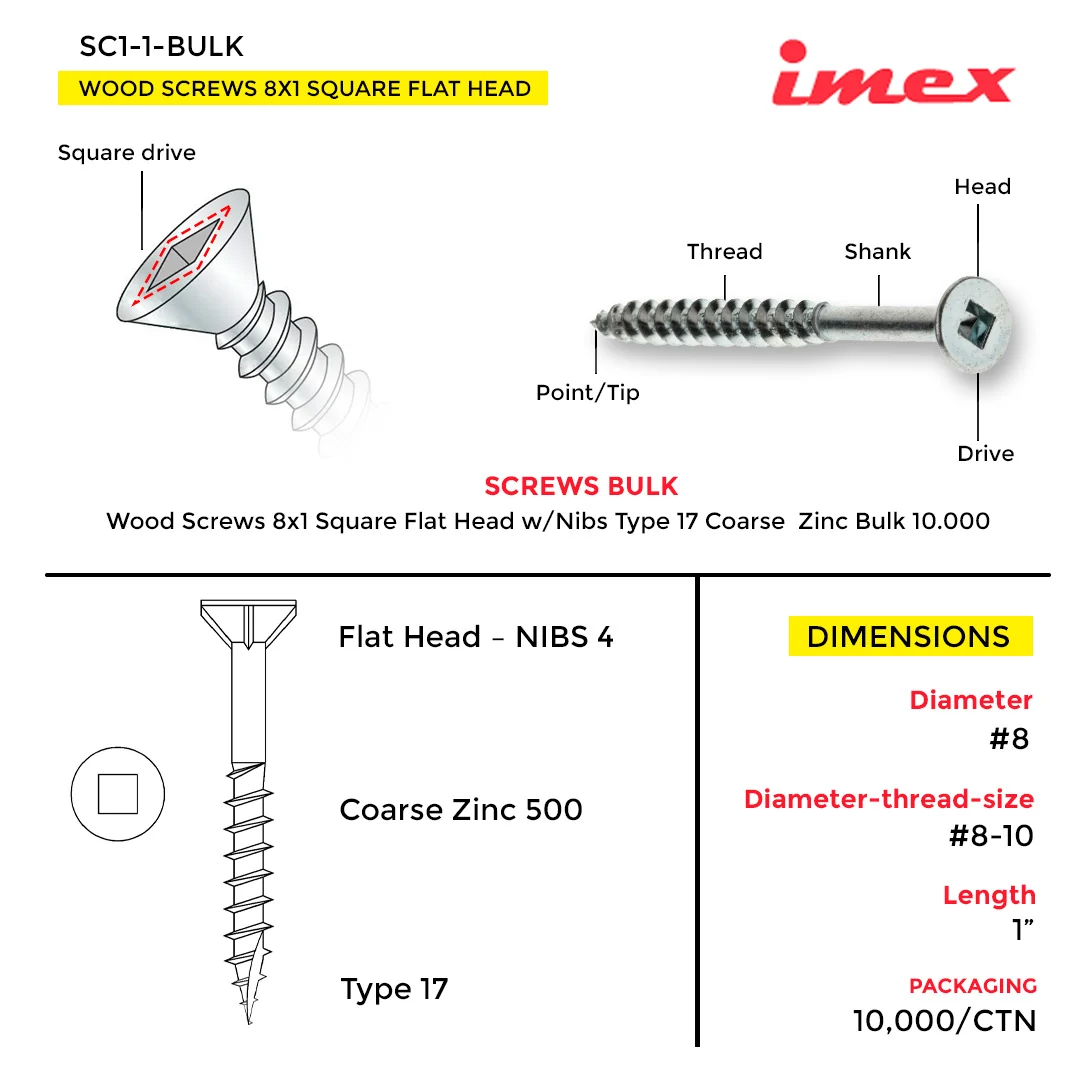 WOOD SCREWS IMEX SQUARE FLAT HEAD WITH NIBS #8 1" TYPE 17 COARSE ZINC 10.000 BULK - Image 3