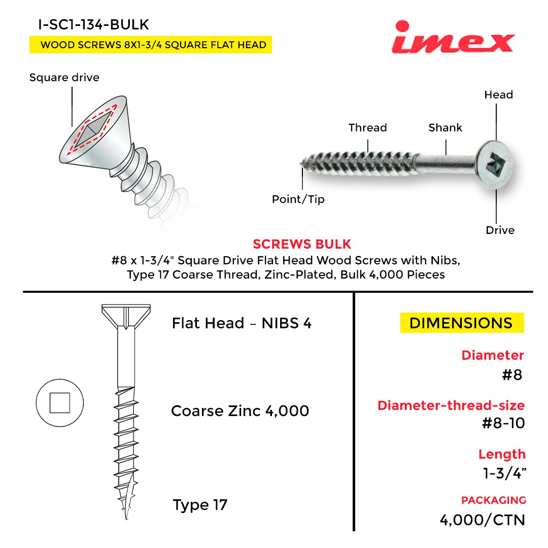 WOOD SCREWS IMEX SQUARE FLAT HEAD WITH NIBS #8 1-3/4" TYPE 17 COARSE ZINC 4.000 BULK - Image 3