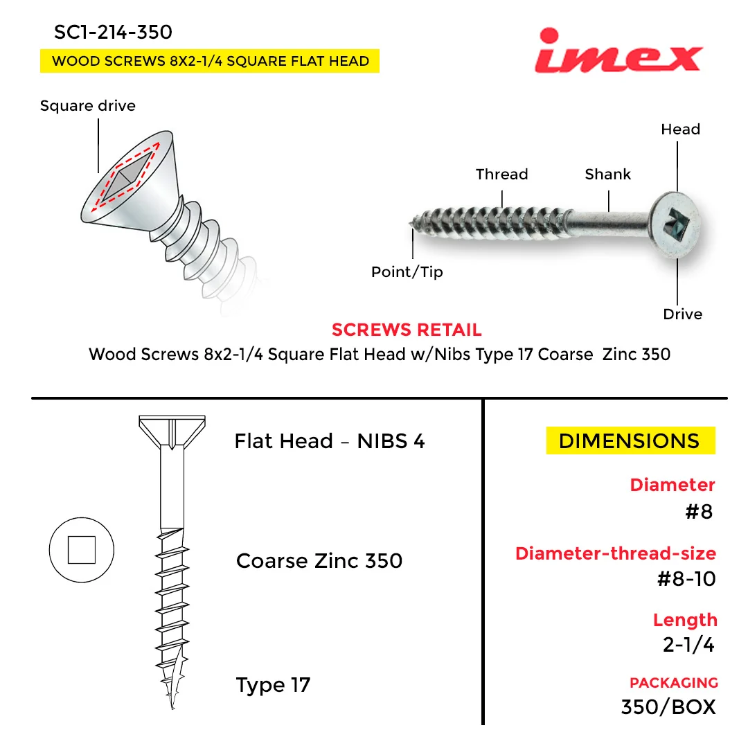 WOOD SCREWS IMEX SQUARE FLAT HEAD WITH NIBS #8 2-1/4" TYPE 17 COARSE ZINC 350 BOX - Image 3