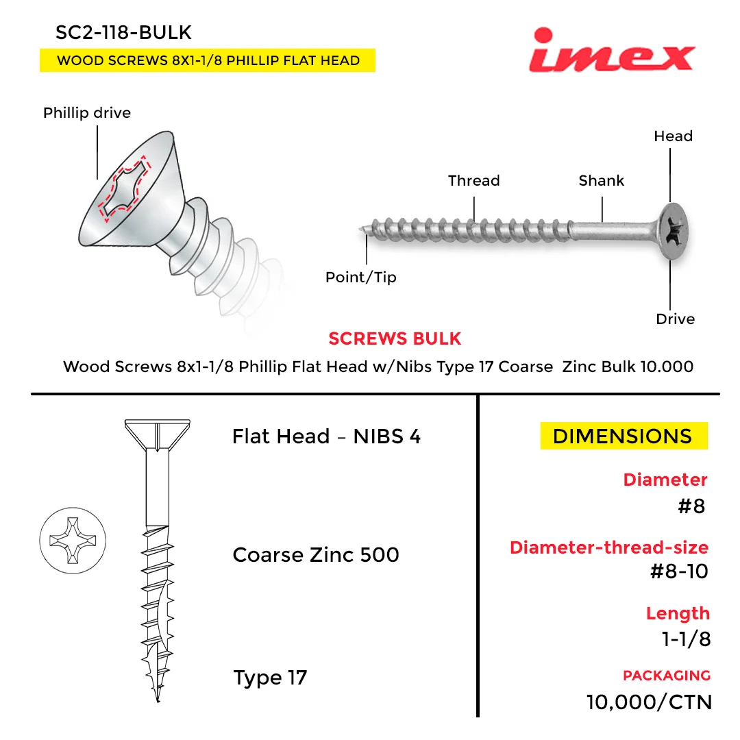 WOOD SCREWS IMEX PHILLIP FLAT HEAD WITH NIBS #8 1-1/8" TYPE 17 COARSE ZINC 10.000 BULK - Image 3
