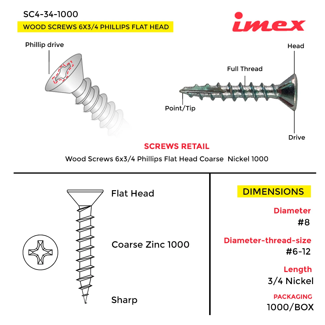 WOOD SCREWS IMEX PHILLIP FLAT HEAD #6 3/4" COARSE NICKEL 1000 BOX - Image 3