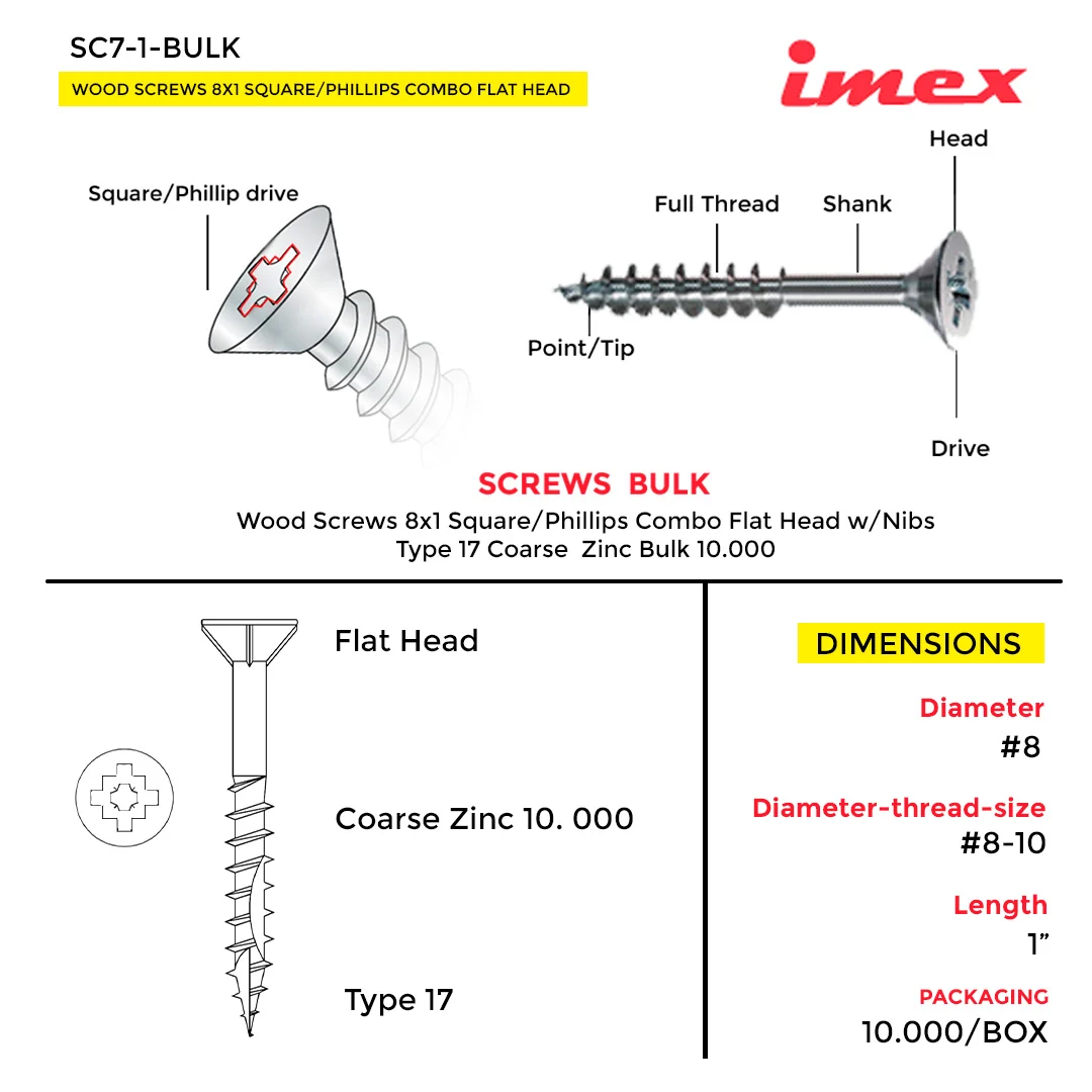 WOOD SCREWS IMEX SQUARE/PHILLIP COMBO FLAT HEAD WITH NIBS #8 1" TYPE 17 COARSE ZINC 10.000 BULK - Image 3